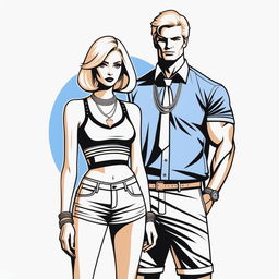 A high-resolution digital rendering of a petite blonde woman in a tie-up crop top, shorts, and necklace, standing next to a much taller man in casual wear