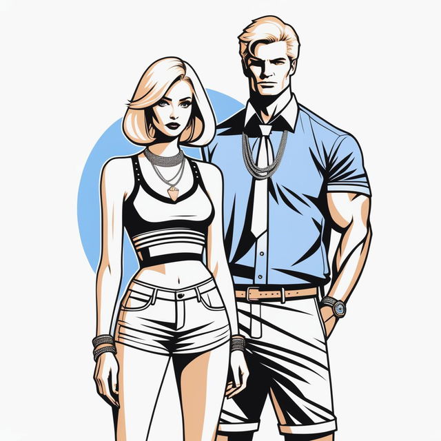 A high-resolution digital rendering of a petite blonde woman in a tie-up crop top, shorts, and necklace, standing next to a much taller man in casual wear