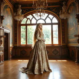 A beautiful woman with long, flowing golden hair stands elegantly in a magnificent Renaissance mansion