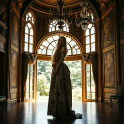 A beautiful woman with long, flowing golden hair stands elegantly in a magnificent Renaissance mansion
