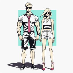 A high-resolution digital rendering of a petite blonde woman in a tie-up crop top, shorts, and necklace, standing next to a much taller man in casual wear