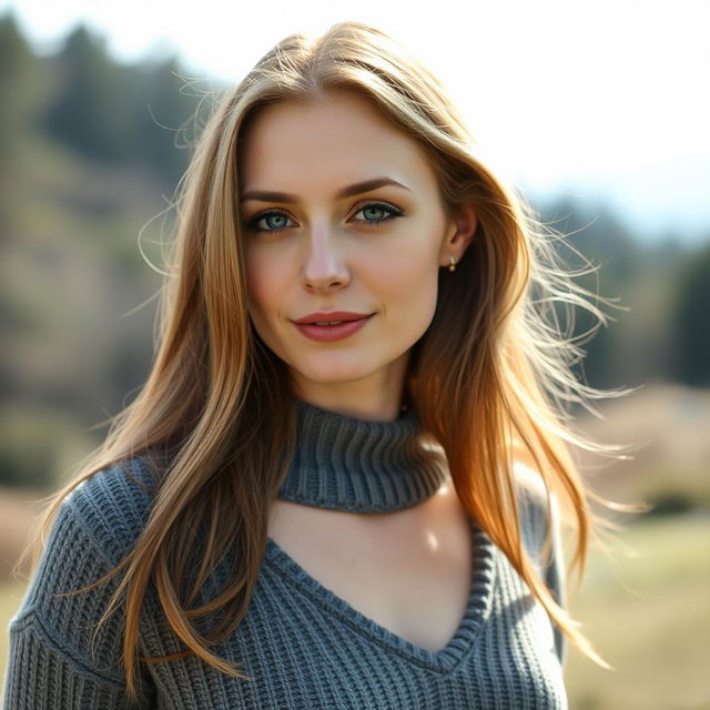 A 35-year-old woman with fair skin and long hair, portrayed in a natural style with minimal makeup