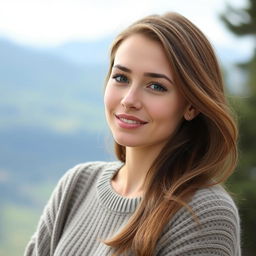 A 35-year-old woman with fair skin and long hair, portrayed in a natural style with minimal makeup