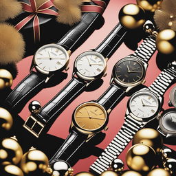 A high-quality photograph displays a diverse collection of luxury watches arranged neatly against a backdrop of festive decorations