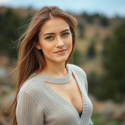 A 35-year-old woman with fair skin and long hair, portrayed in a natural style with minimal makeup