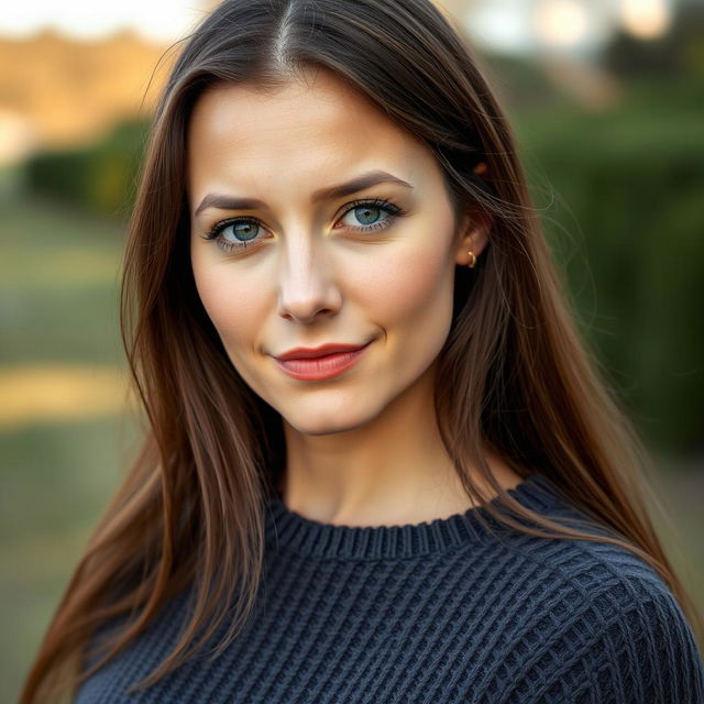 A 35-year-old woman with fair skin and long hair, depicted in a natural style with minimal makeup