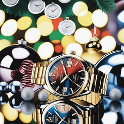 A high-quality photograph displays a diverse collection of luxury watches arranged neatly against a backdrop of festive decorations