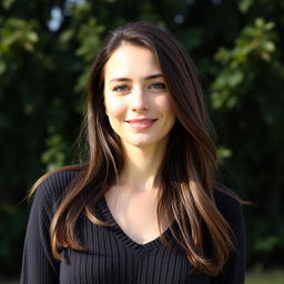 A 35-year-old woman with fair skin and long hair, depicted in a natural style with minimal makeup