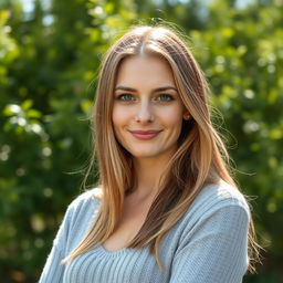 A 35-year-old woman with fair skin and long hair, depicted in a natural style with minimal makeup