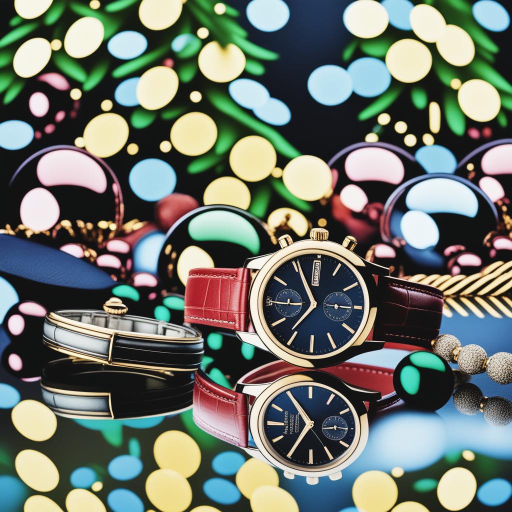 A high-quality photograph displays a diverse collection of luxury watches arranged neatly against a backdrop of festive decorations