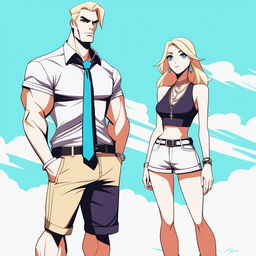 A high-resolution digital art piece depicting a petite blonde woman in a tie-up crop top, shorts, and necklace standing next to a much taller man in casual wear