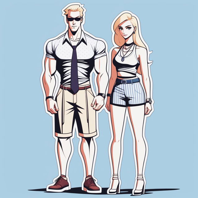 A high-resolution digital art piece depicting a petite blonde woman in a tie-up crop top, shorts, and necklace standing next to a much taller man in casual wear