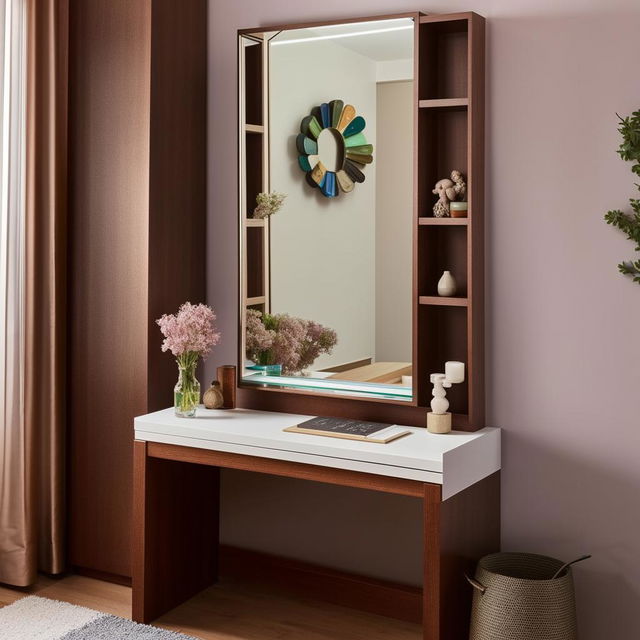 A spacious study table with a large mirror hanging above it, and a sleek TV unit nearby filled with books and decorative items.