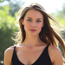 A 35-year-old woman with a natural style, featuring fair skin and minimal makeup