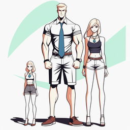 A high-resolution digital art piece depicting a petite blonde woman in a tie-up crop top, shorts, and necklace standing next to a much taller man in casual wear