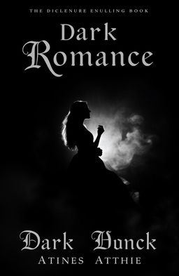 An intriguing and moody dark romance book cover in black and white, featuring a silhouette of a couple embracing passionately against a dramatic backdrop