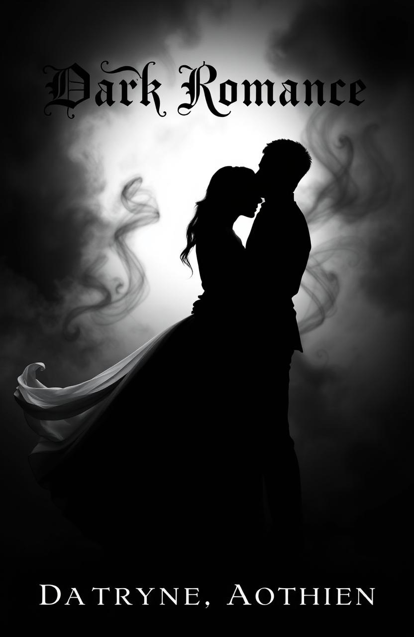 An intriguing and moody dark romance book cover in black and white, featuring a silhouette of a couple embracing passionately against a dramatic backdrop