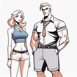 A high-resolution digital art piece depicting a petite blonde woman in a tie-up crop top, shorts, and necklace standing next to a much taller man in casual wear