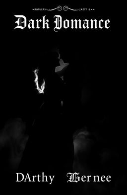 An intriguing and moody dark romance book cover in black and white, featuring a silhouette of a couple embracing passionately against a dramatic backdrop