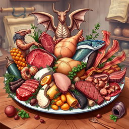 An intricate and vibrant illustration depicting an array of various carnivorous foods and myths surrounding the carnivore diet