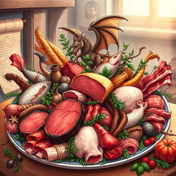 An intricate and vibrant illustration depicting an array of various carnivorous foods and myths surrounding the carnivore diet