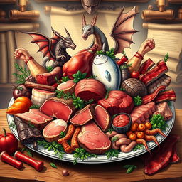 An intricate and vibrant illustration depicting an array of various carnivorous foods and myths surrounding the carnivore diet