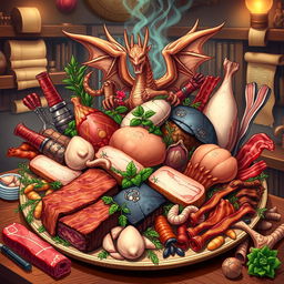 An intricate and vibrant illustration depicting an array of various carnivorous foods and myths surrounding the carnivore diet