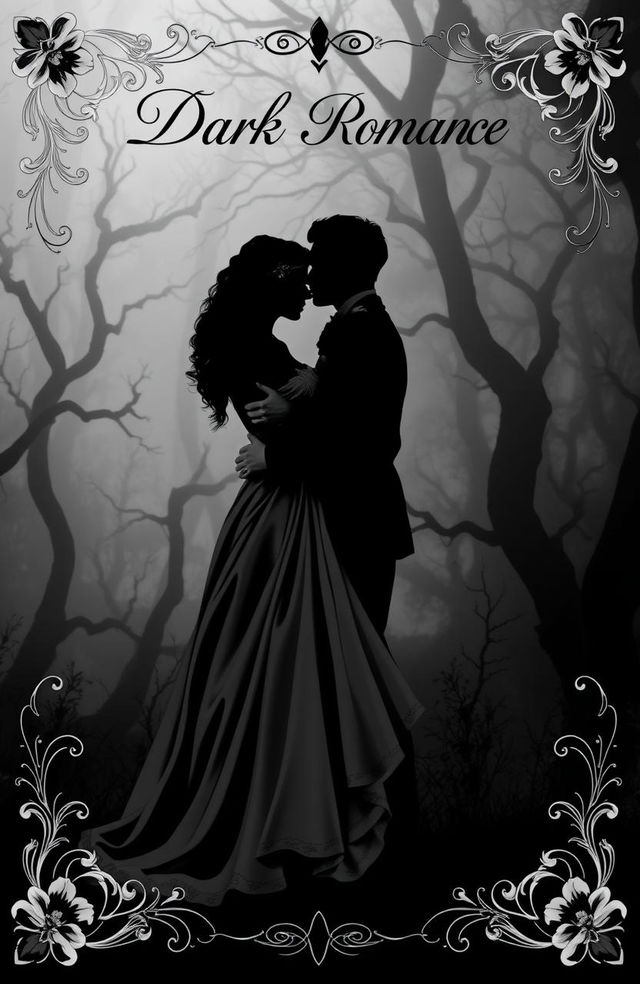 A captivating dark romance book cover in black and white, featuring a silhouette of a couple entwined in a passionate embrace