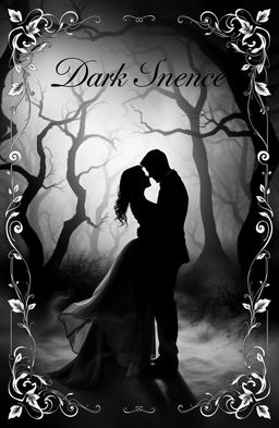 A captivating dark romance book cover in black and white, featuring a silhouette of a couple entwined in a passionate embrace