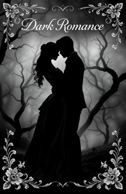 A captivating dark romance book cover in black and white, featuring a silhouette of a couple entwined in a passionate embrace