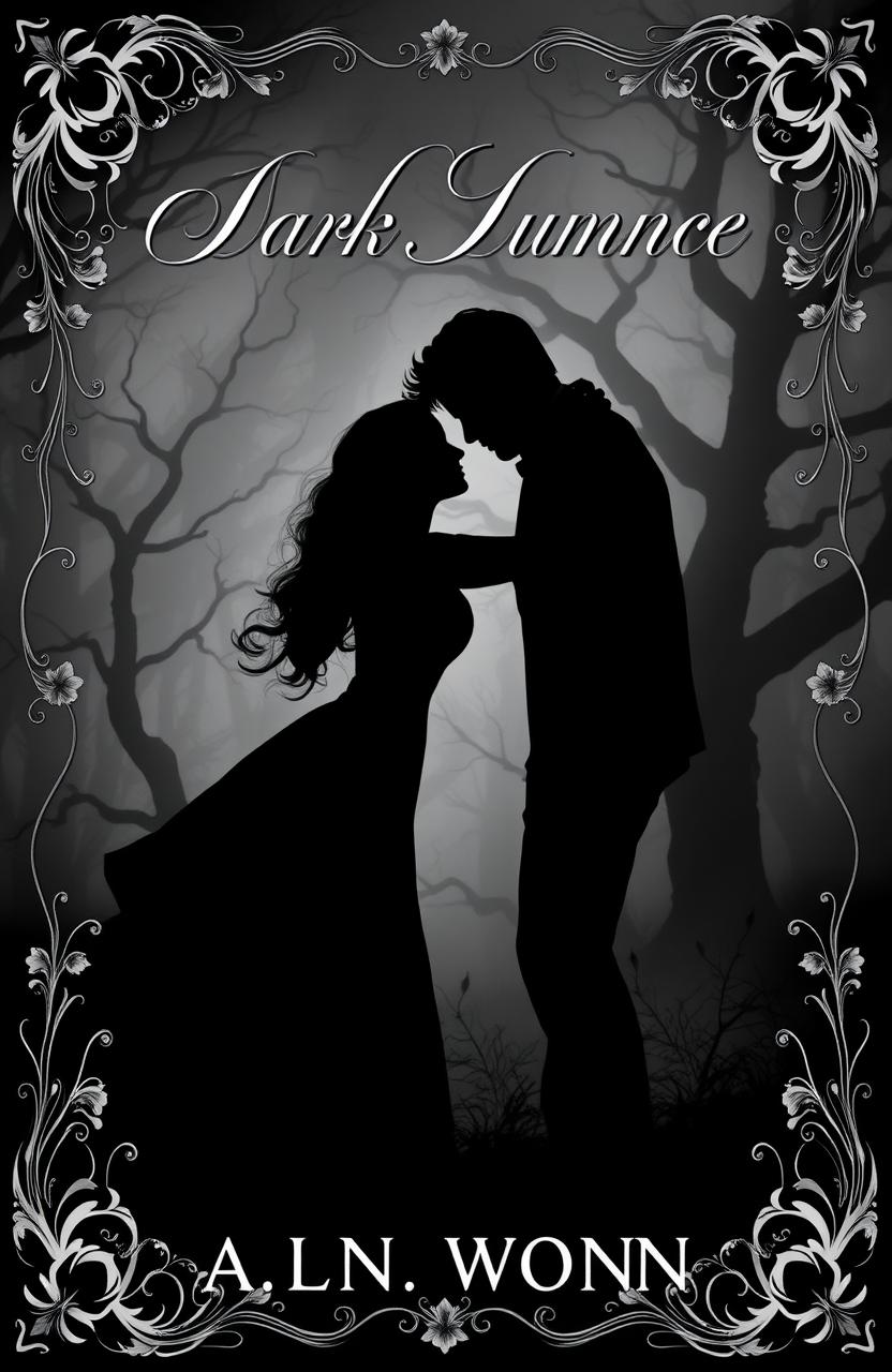 A captivating dark romance book cover in black and white, featuring a silhouette of a couple entwined in a passionate embrace