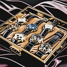 This high-resolution photograph showcases a collection of luxury watches neatly arranged on a luxurious velvet tray