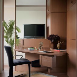 A spacious study table with a large mirror hanging above it, and a sleek TV unit nearby filled with books and decorative items.