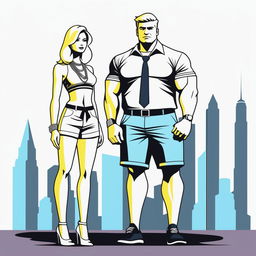 A high-resolution digital art piece showcasing a petite blonde woman in a tie-up crop top, shorts, and necklace standing next to a much taller man in casual wear