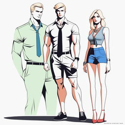 A high-resolution digital art piece showcasing a petite blonde woman in a tie-up crop top, shorts, and necklace standing next to a much taller man in casual wear