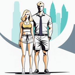 A high-resolution digital art piece showcasing a petite blonde woman in a tie-up crop top, shorts, and necklace standing next to a much taller man in casual wear