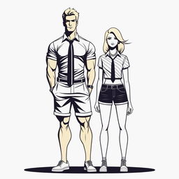 A high-resolution digital art piece showcasing a petite blonde woman in a tie-up crop top, shorts, and necklace standing next to a much taller man in casual wear