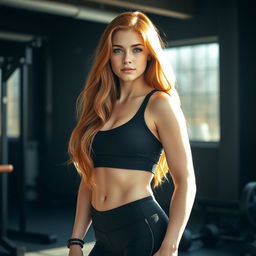 A sexy and beautiful 18-year-old redhead girl with a fit gym body, standing confidently in a well-lit gym