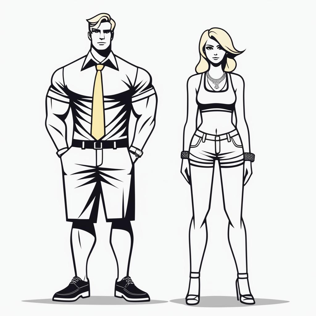 A high-resolution digital artwork depicting a petite blonde woman in a tie-up crop top, shorts, and necklace standing next to a significantly taller man in casual wear