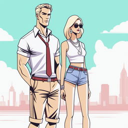 A high-resolution digital artwork depicting a petite blonde woman in a tie-up crop top, shorts, and necklace standing next to a significantly taller man in casual wear