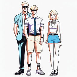 A high-resolution digital artwork depicting a petite blonde woman in a tie-up crop top, shorts, and necklace standing next to a significantly taller man in casual wear