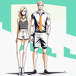 A high-resolution digital artwork depicting a petite blonde woman in a tie-up crop top, shorts, and necklace standing next to a significantly taller man in casual wear