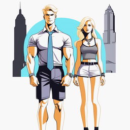 A high-resolution digital art piece showcasing a petite blonde woman in a tie-up crop top, shorts, and necklace standing next to a much taller man in casual wear