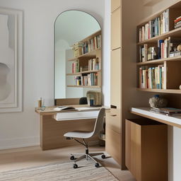 A spacious study table with a large mirror hanging above it, and a sleek TV unit nearby filled with books and decorative items.