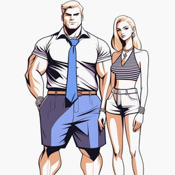 A high-resolution digital art piece showcasing a petite blonde woman in a tie-up crop top, shorts, and necklace standing next to a much taller man in casual wear