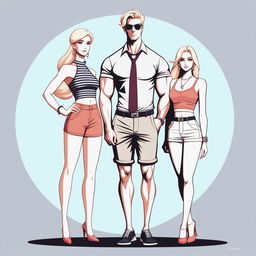 A high-resolution digital art piece showcasing a petite blonde woman in a tie-up crop top, shorts, and necklace standing next to a much taller man in casual wear