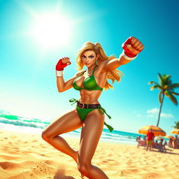 A dynamic scene of Street Fighter character Cammy in a stylish green bikini, energetically boxing on a sunny beach