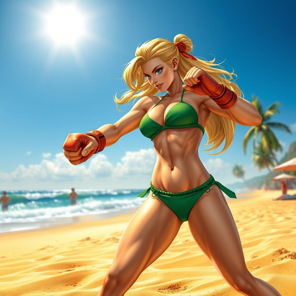A dynamic scene of Street Fighter character Cammy in a stylish green bikini, energetically boxing on a sunny beach