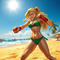 A dynamic scene of Street Fighter character Cammy in a stylish green bikini, energetically boxing on a sunny beach