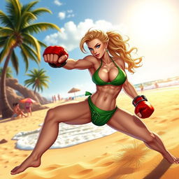 A dynamic scene of Street Fighter character Cammy in a stylish green bikini, energetically boxing on a sunny beach
